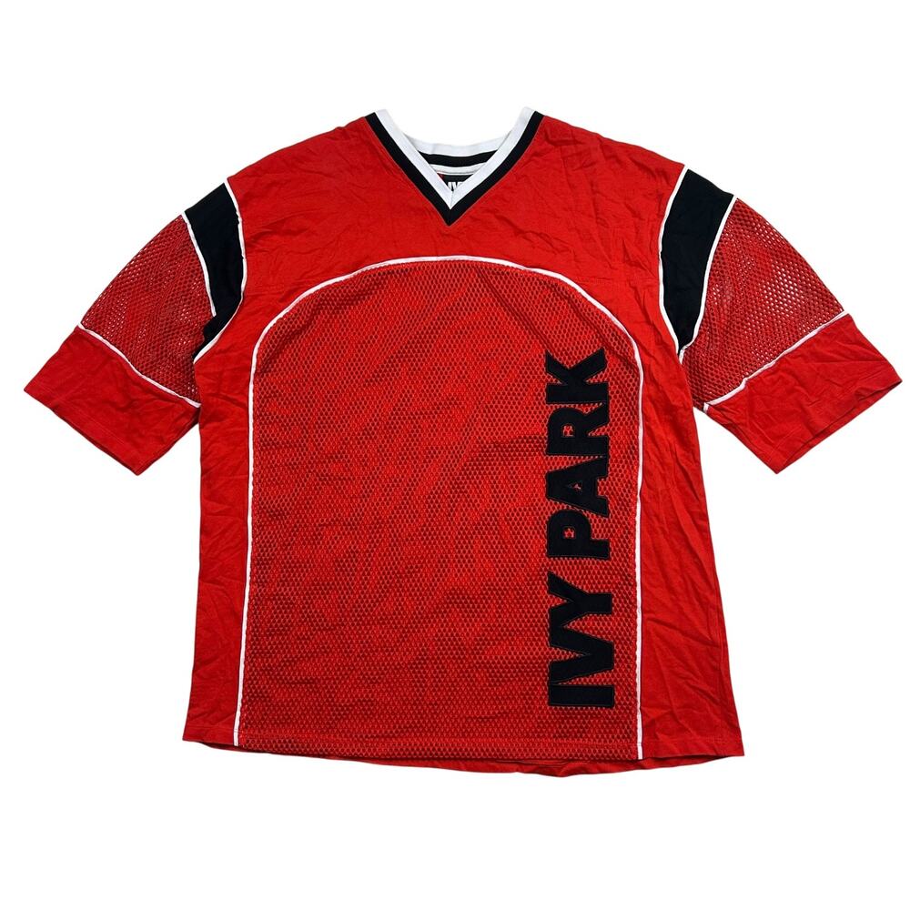 Ivy Park Jersey Mens Large Red Black Mesh V Neck Short Sleeve Athletic Top